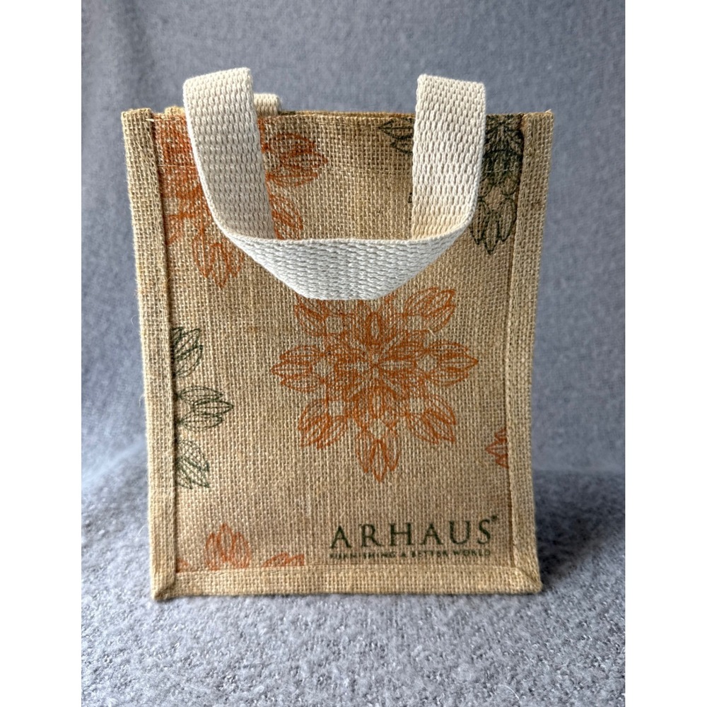 Arhaus Mini Tote Bag Unisex Small Tan Floral Jute Eco-Friendly Upscale‎ Gift Bag